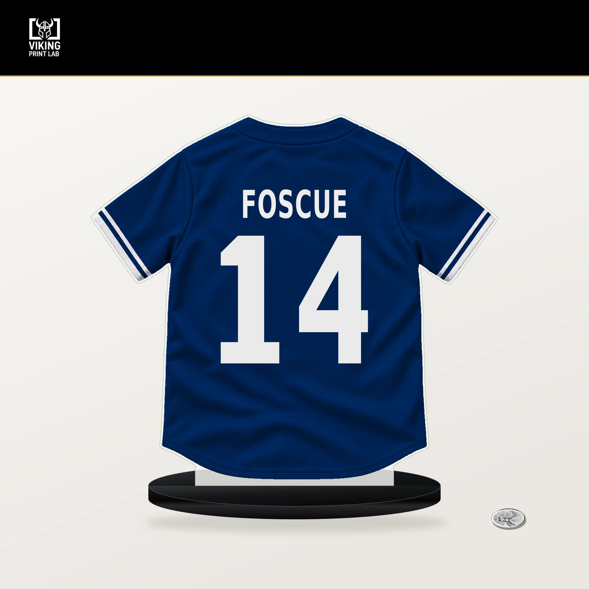 Justin Foscue number 14 Texas Rangers jersey stand with included black base.