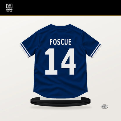 Justin Foscue number 14 Texas Rangers jersey stand with included black base.