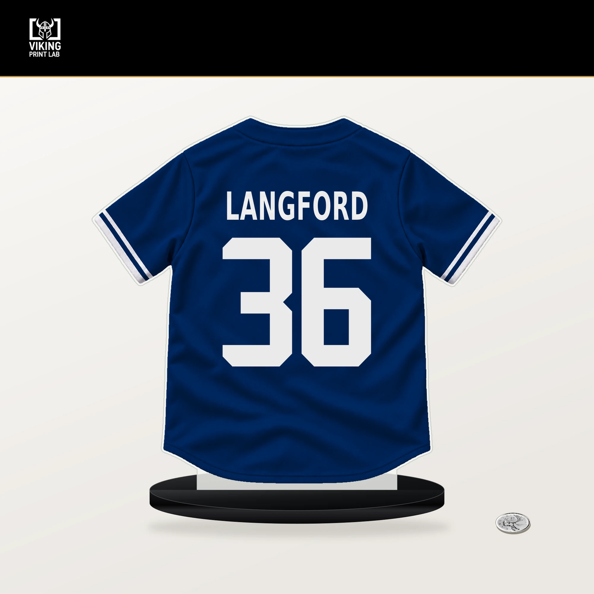 Wyatt Langford number 36 Texas Rangers jersey stand with included black base.