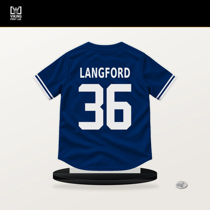 Wyatt Langford number 36 Texas Rangers jersey stand with included black base.