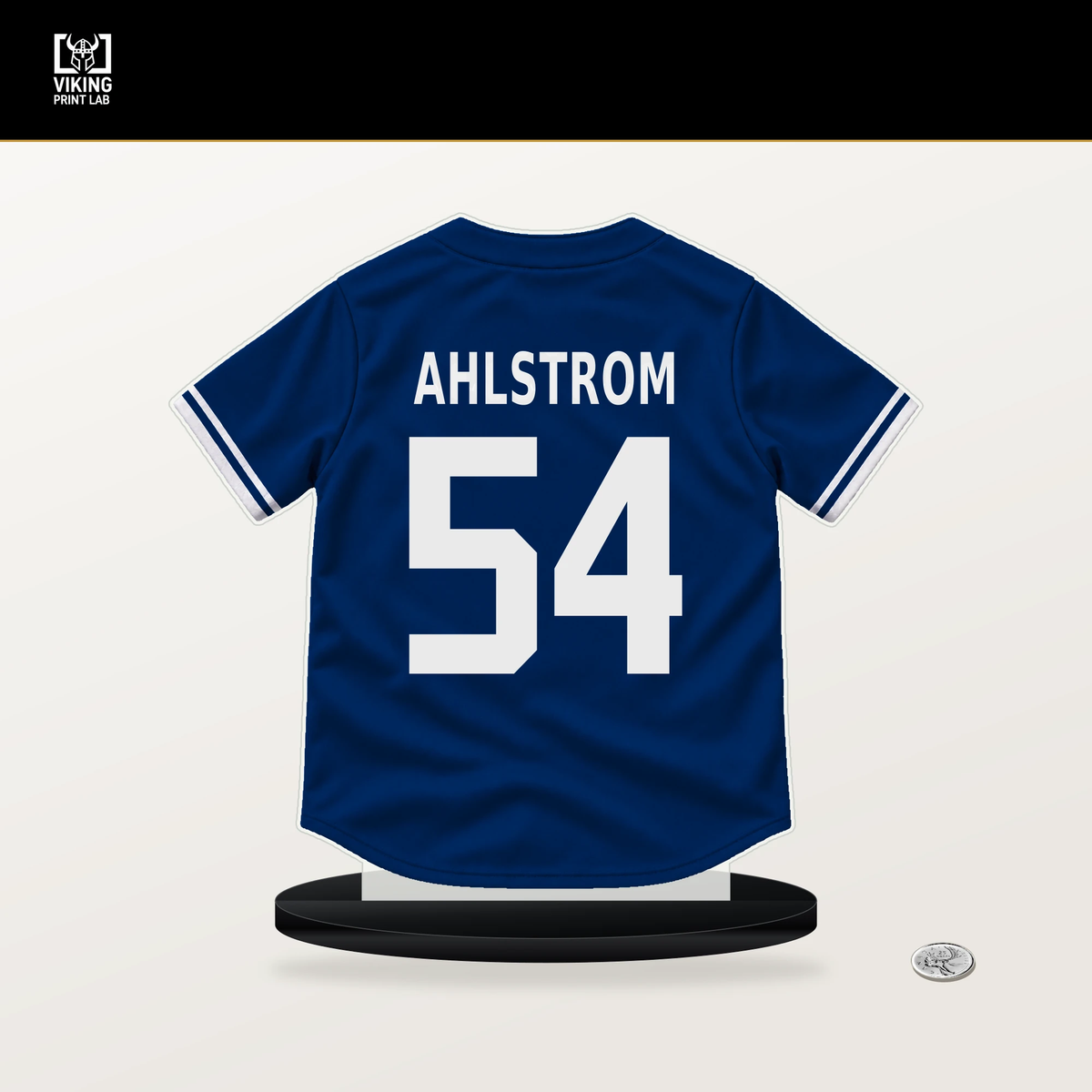 Robby Ahlstrom number 54 Texas Rangers jersey stand with included black base.