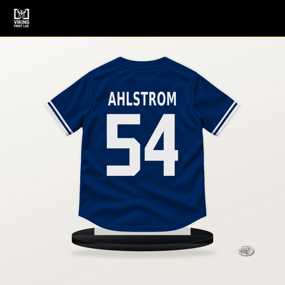 Robby Ahlstrom number 54 Texas Rangers jersey stand with included black base.