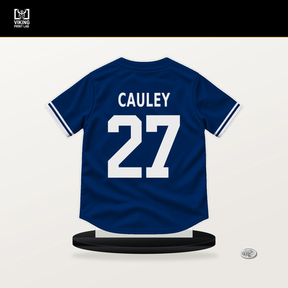 Cam Cauley number 27 Texas Rangers jersey stand with included black base.