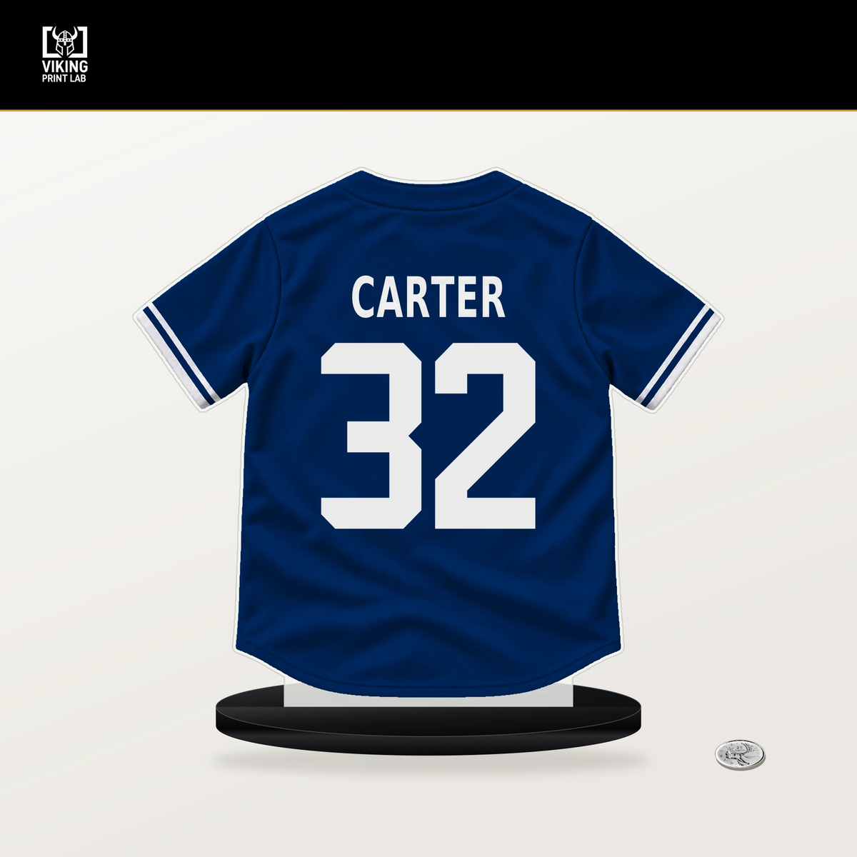 Evan Carter number 32 Texas Rangers jersey stand with included black base.