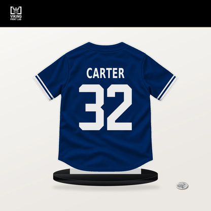 Evan Carter number 32 Texas Rangers jersey stand with included black base.
