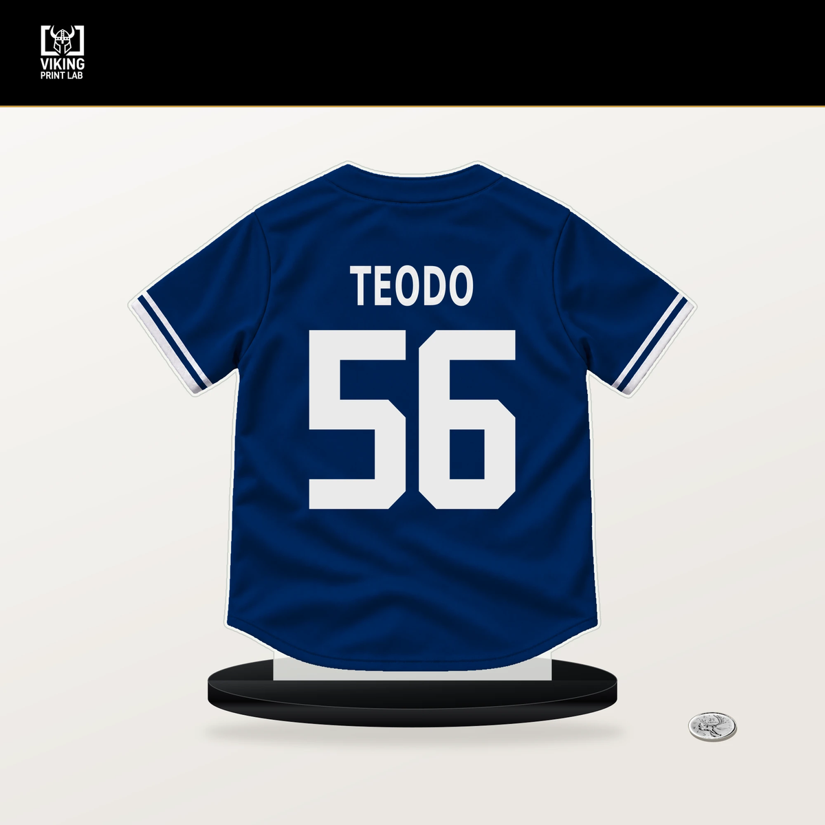 Emiliano Teodo number 56 Texas Rangers jersey stand with included black base.