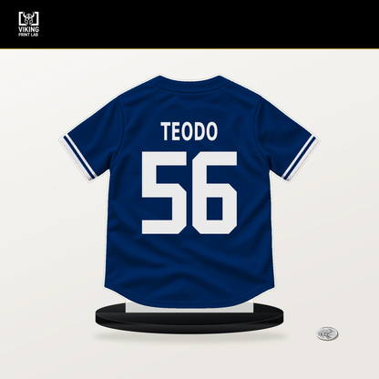Emiliano Teodo number 56 Texas Rangers jersey stand with included black base.