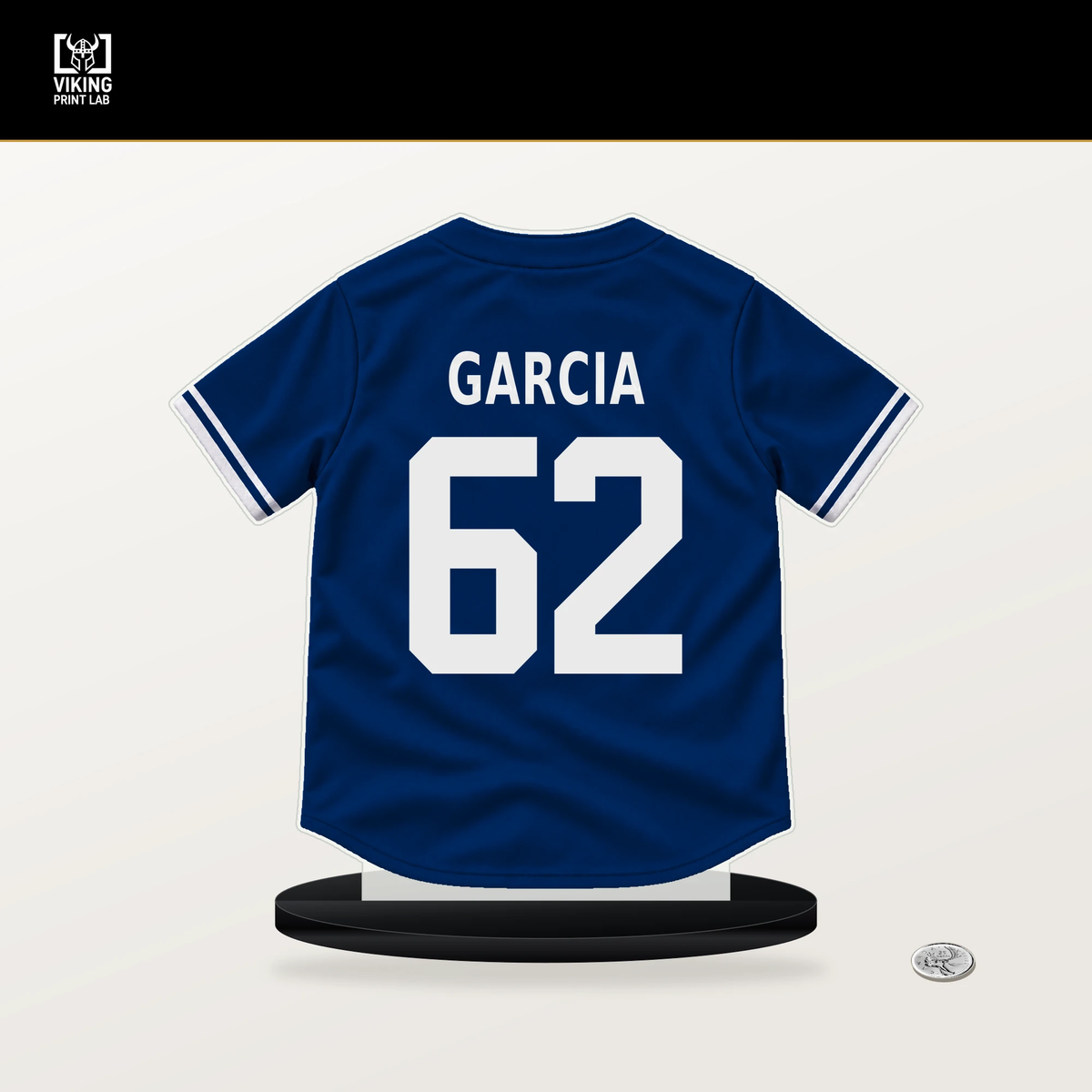Robert Garcia number 62 Texas Rangers jersey stand with included black base.