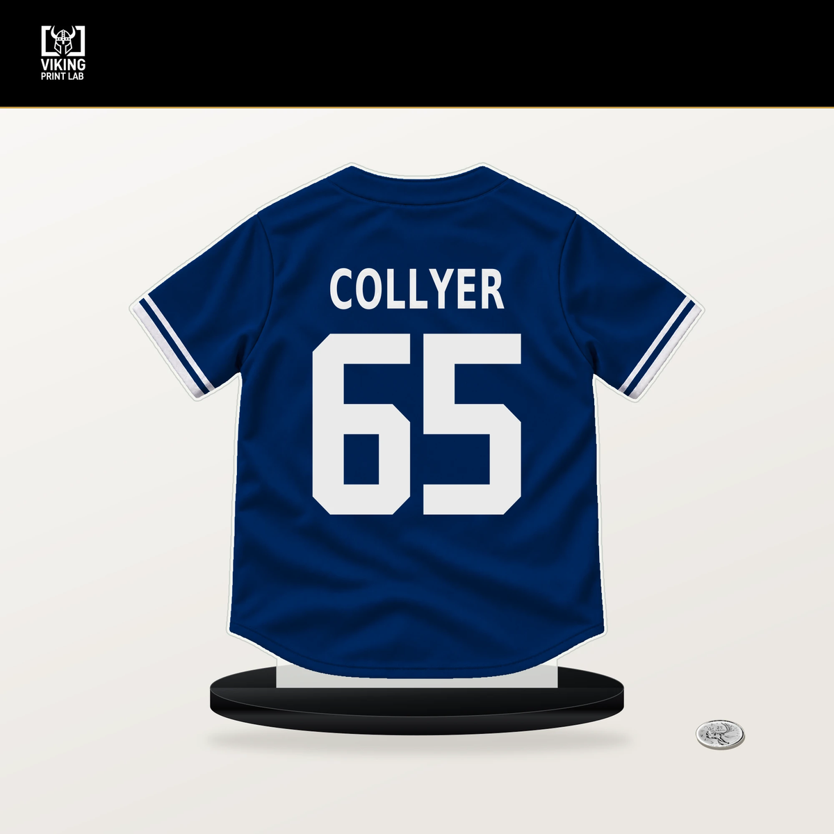 Gavin Collyer number 65 Texas Rangers jersey stand with included black base.