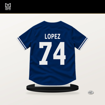 Leandro Lopez number 74 Texas Rangers jersey stand with included black base.