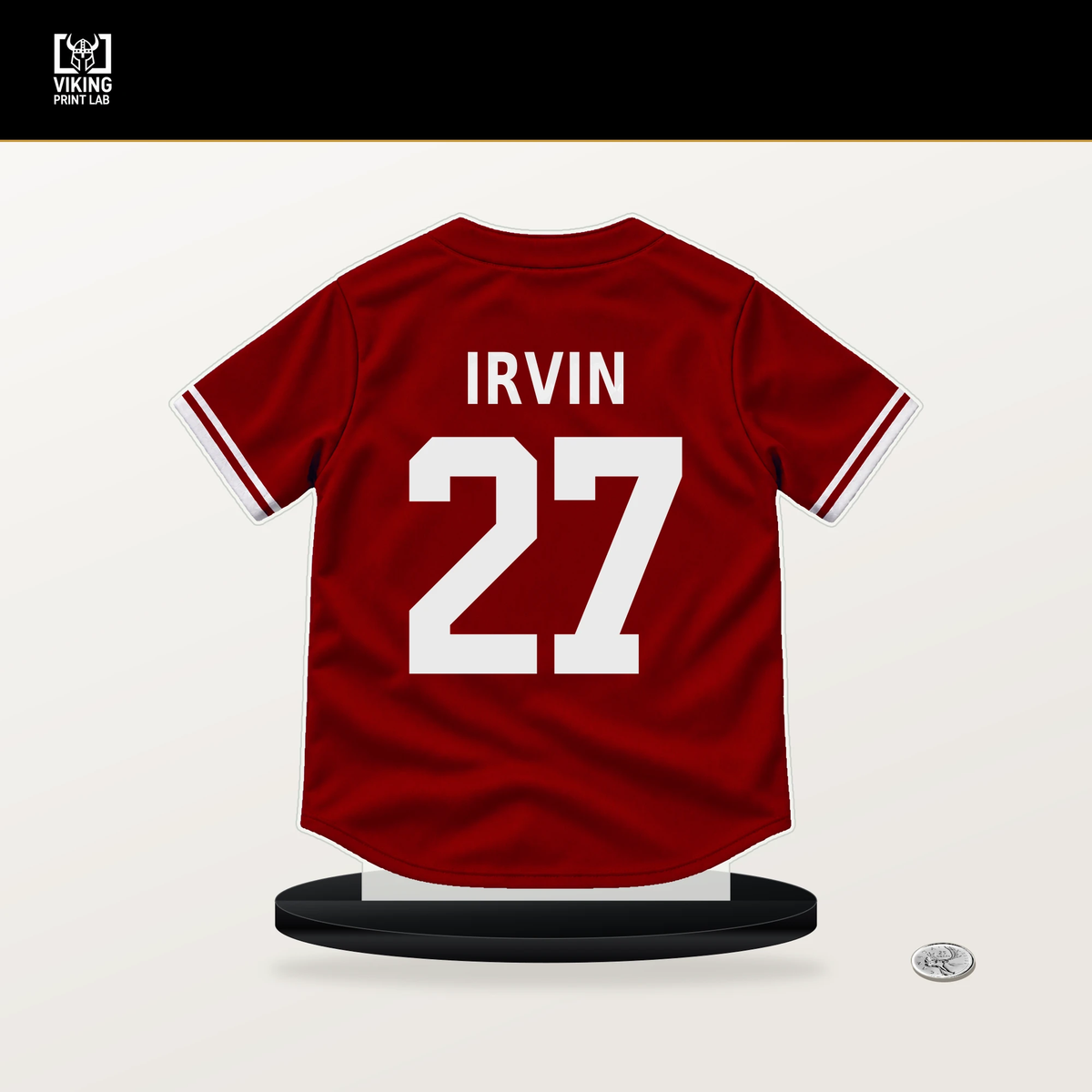 Jake Irvin number 27 Washington Nationals jersey stand with included black base.