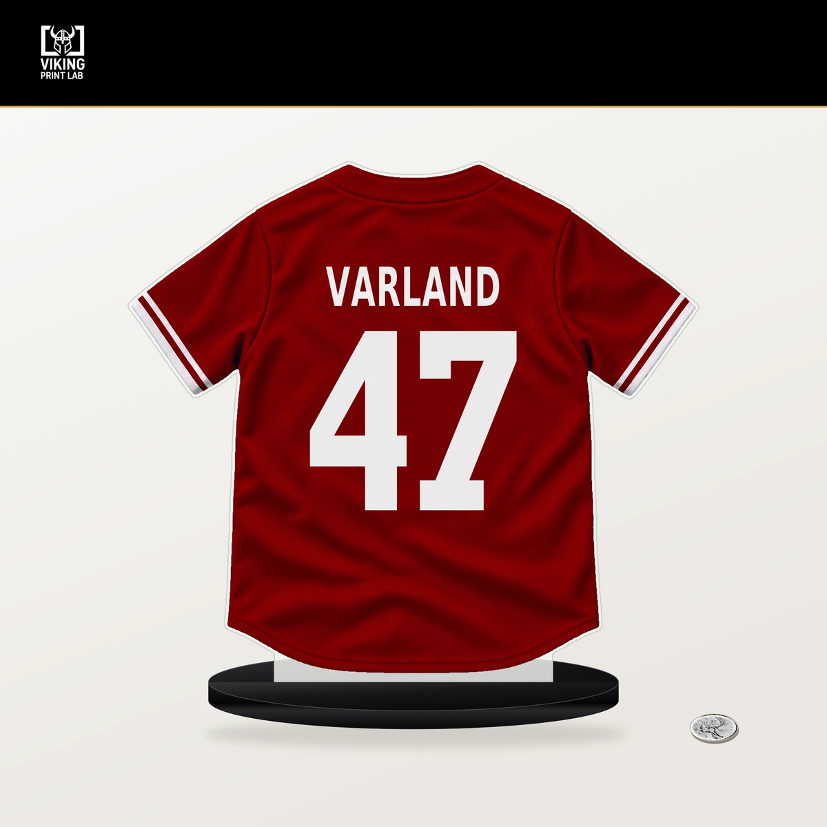 Gus Varland number 47 Washington Nationals jersey stand with included black base.