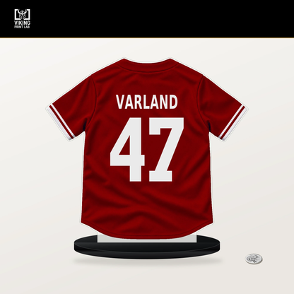 Gus Varland number 47 Washington Nationals jersey stand with included black base.