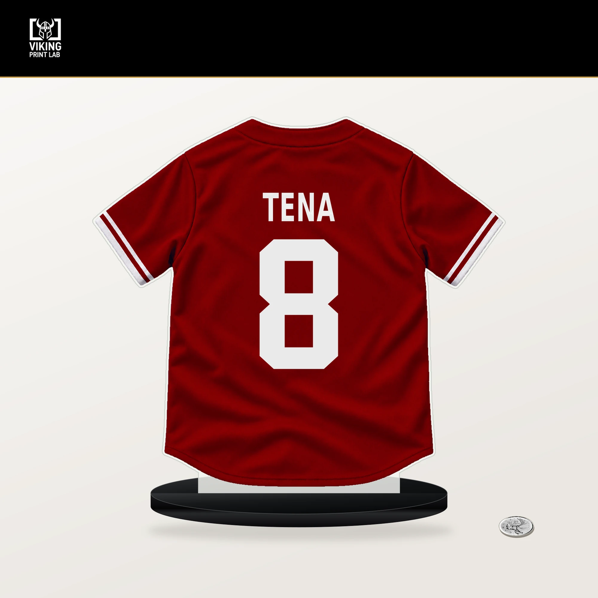 Jose Tena number 8 Washington Nationals jersey stand with included black base.