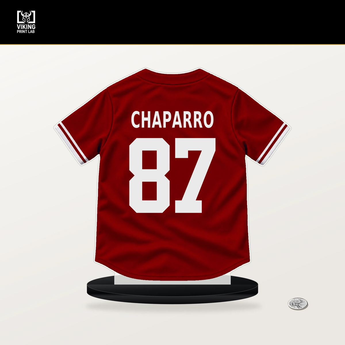 Andres Chaparro number 87 Washington Nationals jersey stand with included black base.