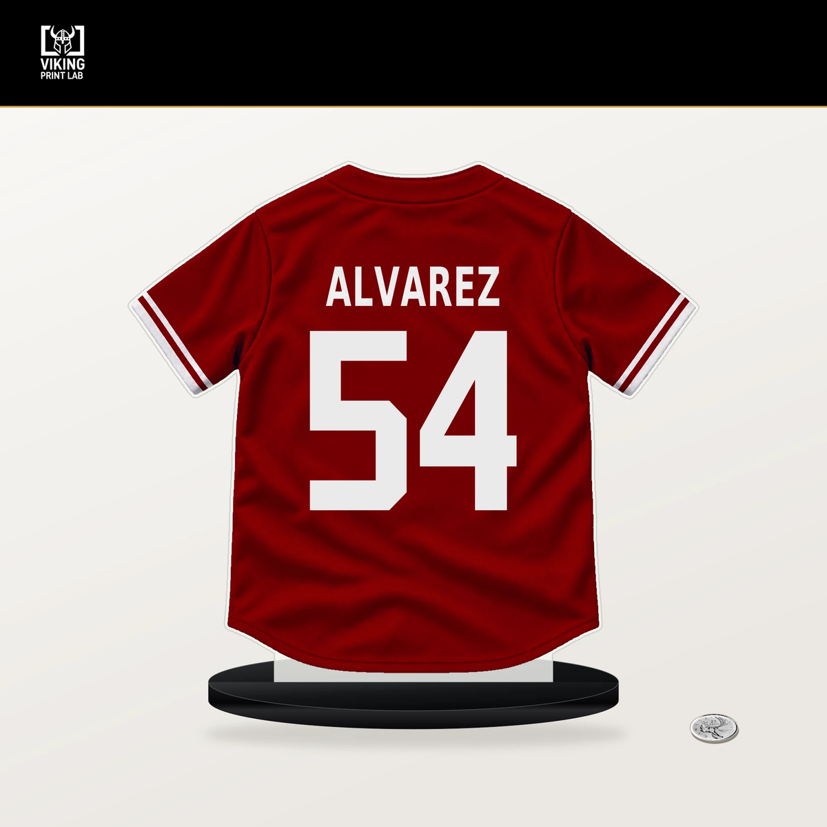 Andrew Alvarez number 54 Washington Nationals jersey stand with included black base.