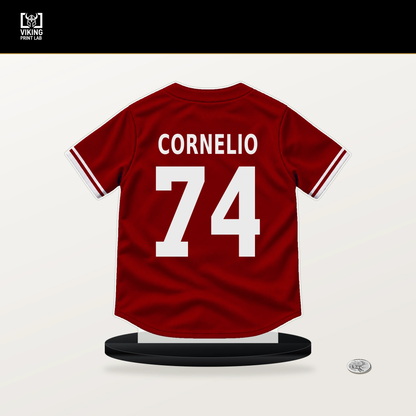 Riley Cornelio number 74 Washington Nationals jersey stand with included black base.