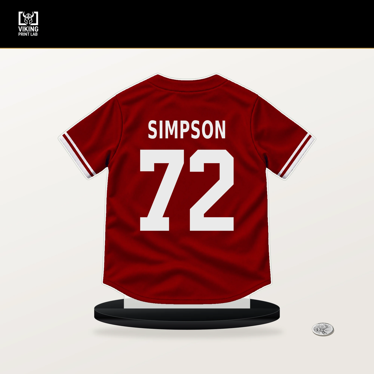 Jared Simpson number 72 Washington Nationals jersey stand with included black base.