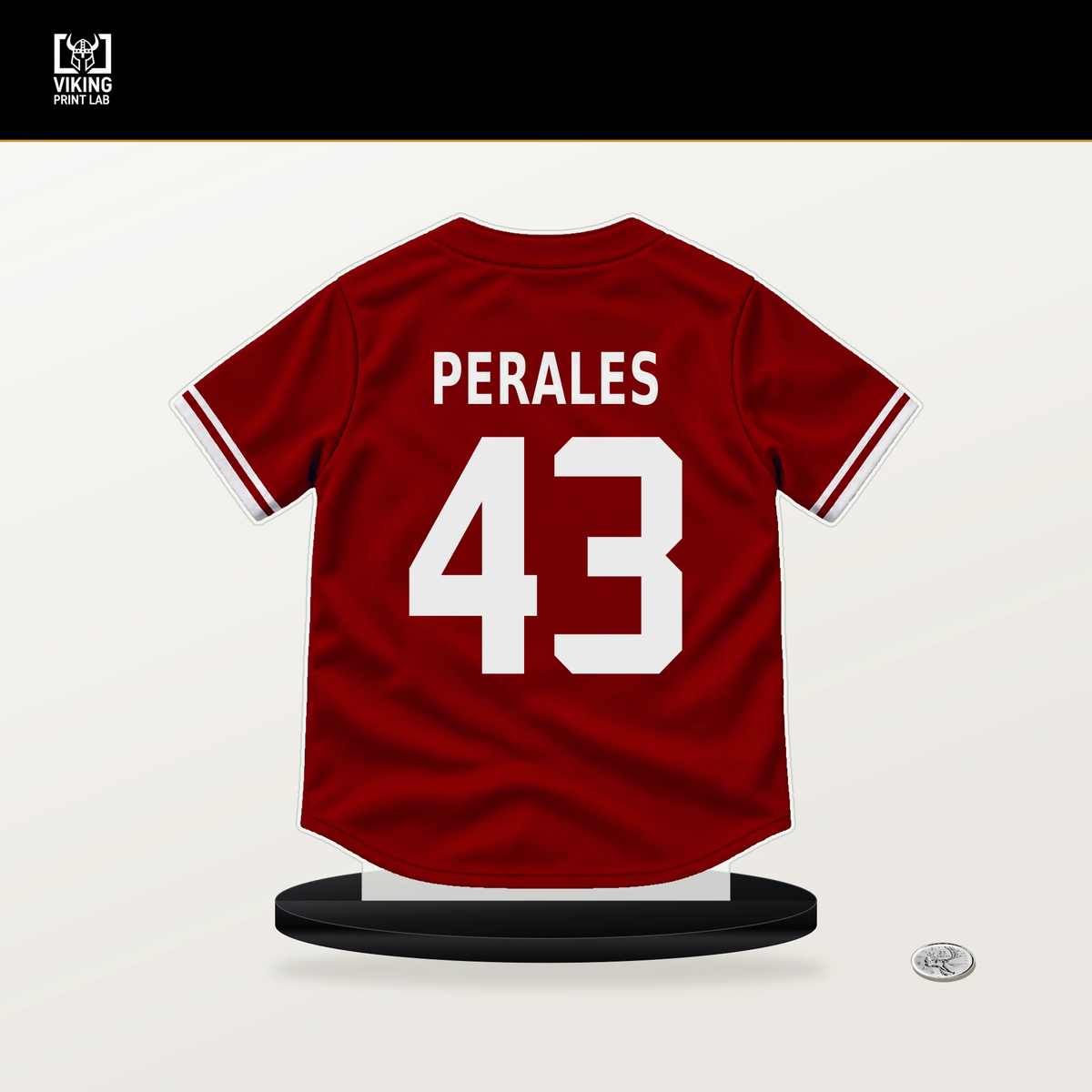 Luis Perales number 43 Washington Nationals jersey stand with included black base.