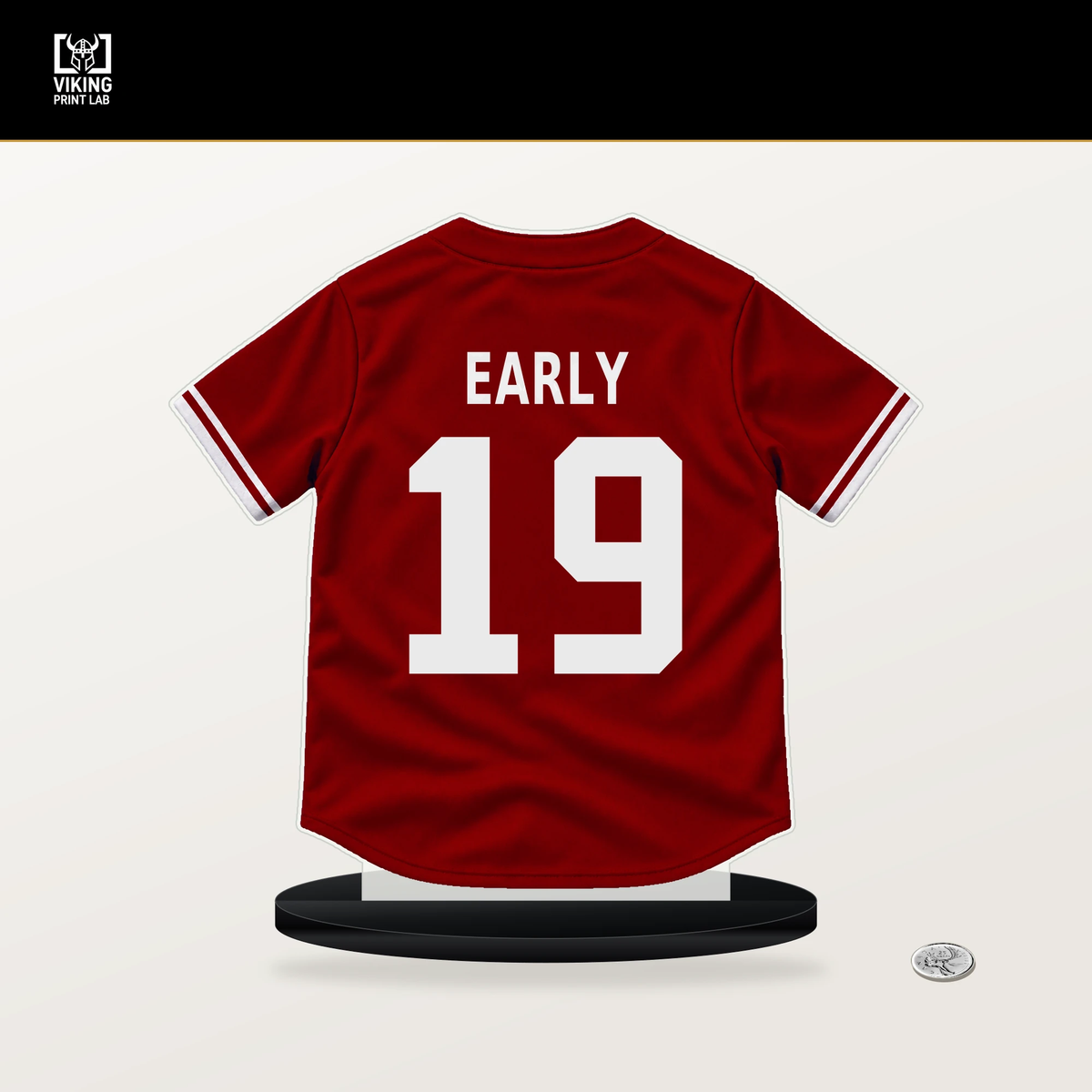 Connelly Early number 19 Washington Nationals jersey stand with included black base.