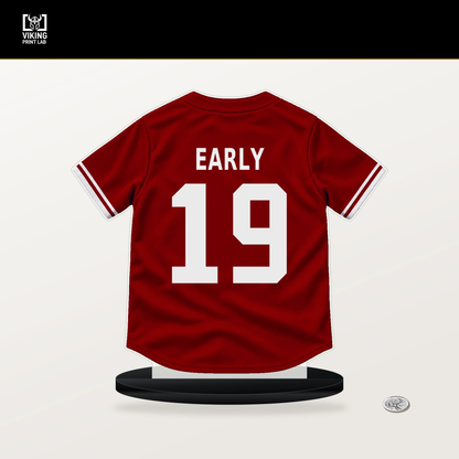 Connelly Early number 19 Washington Nationals jersey stand with included black base.