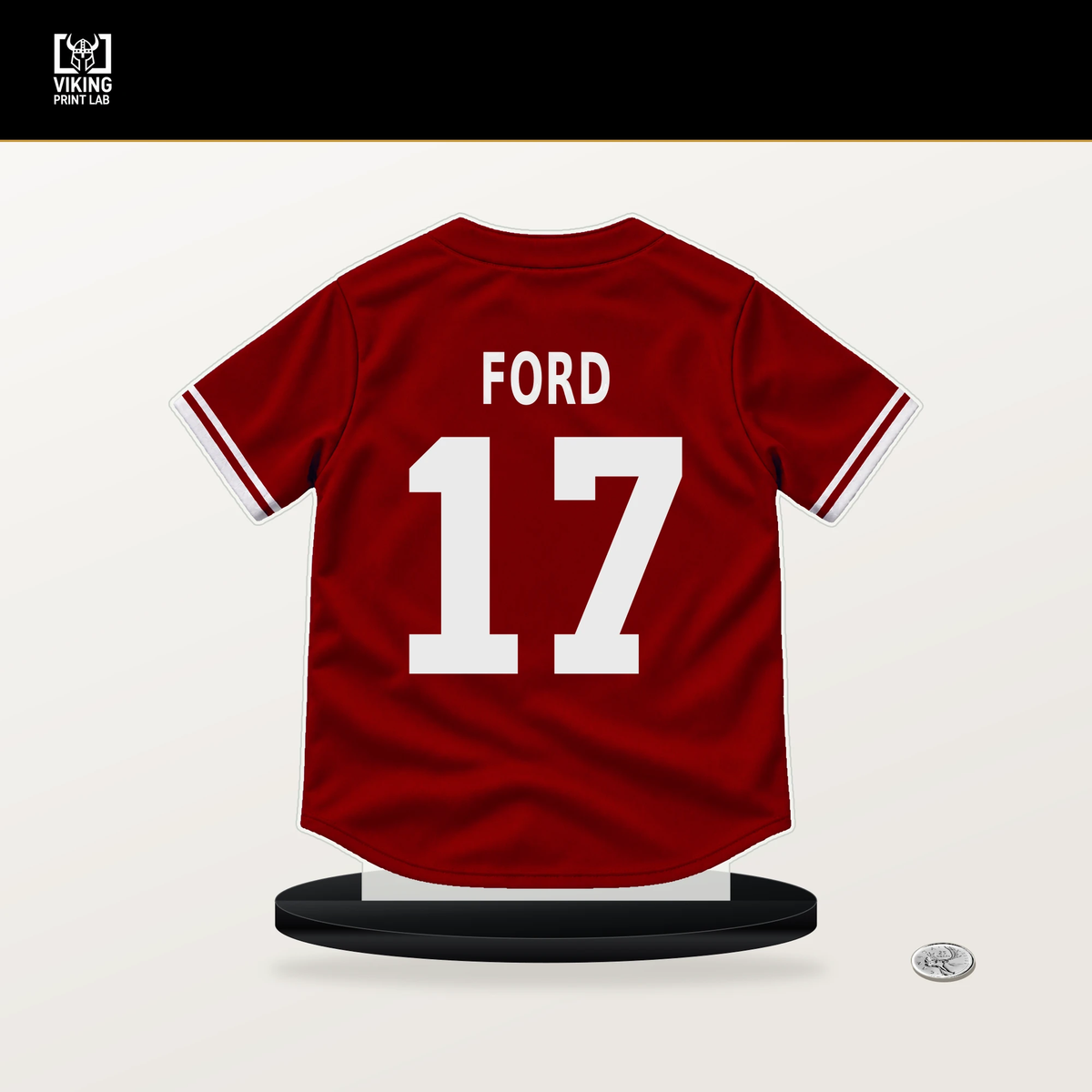 Harry Ford number 17 Washington Nationals jersey stand with included black base.