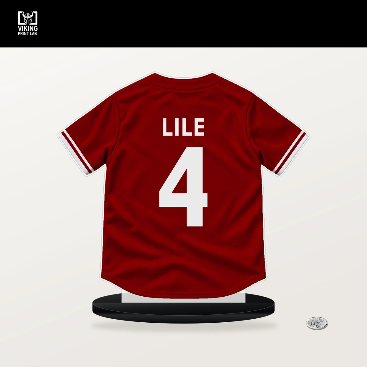 Daylen Lile number 4 Washington Nationals jersey stand with included black base.