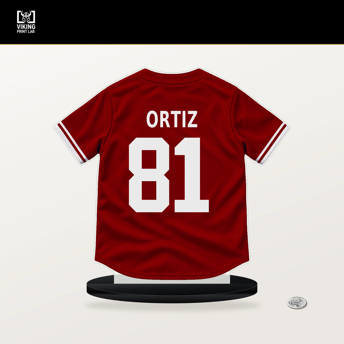 Abimelec Ortiz number 81 Washington Nationals jersey stand with included black base.