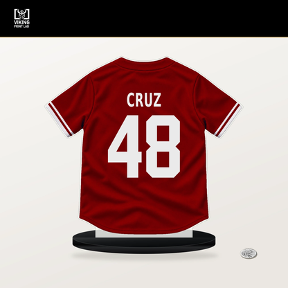 Yovanny Cruz number 48 Washington Nationals jersey stand with included black base.