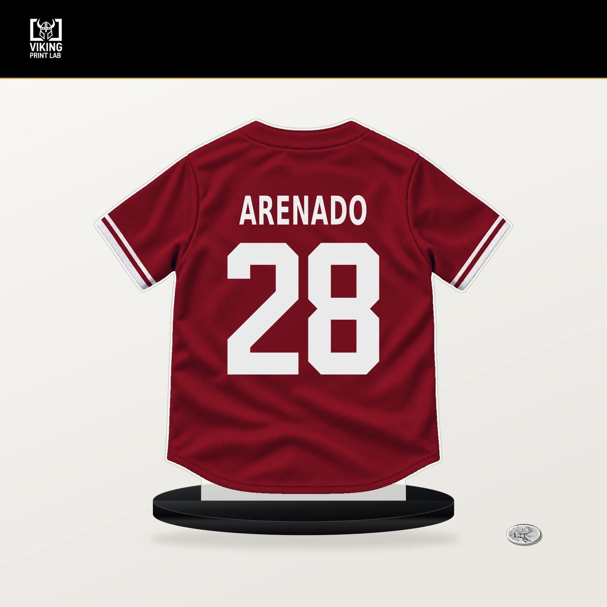 Nolan Arenado number 28 Arizona Diamondbacks jersey stand with included black base.