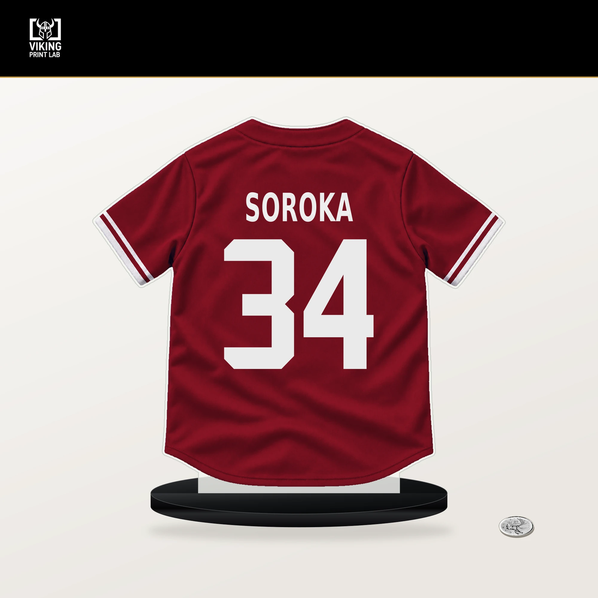 Michael Soroka number 34 Arizona Diamondbacks jersey stand with included black base.