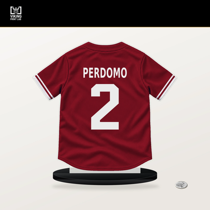 Geraldo Perdomo number 2 Arizona Diamondbacks jersey stand with included black base.