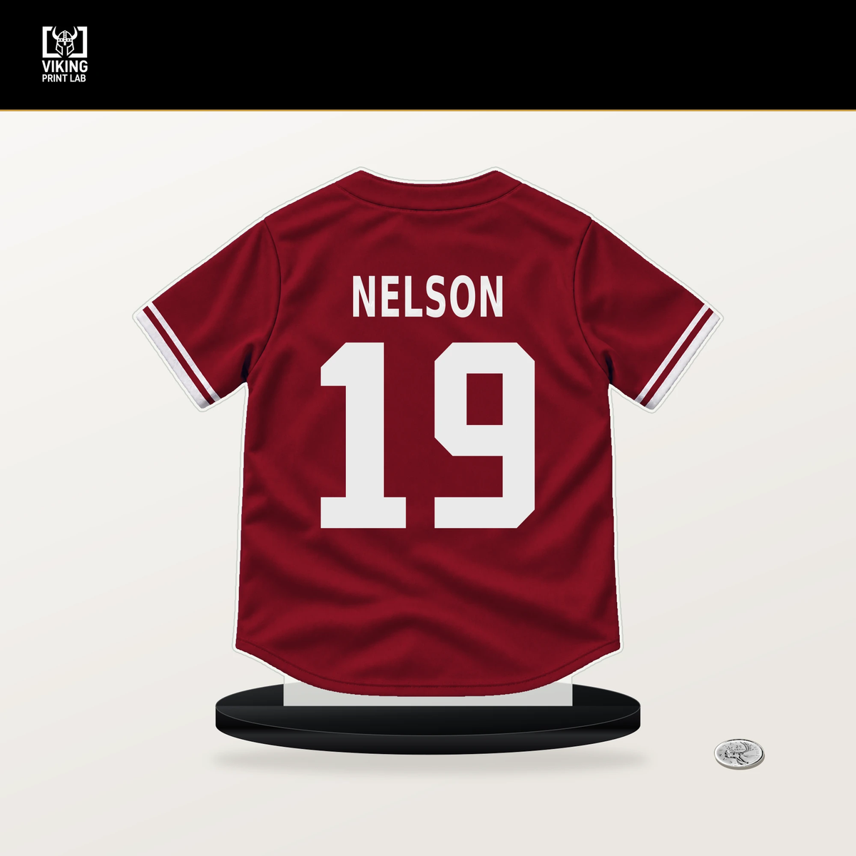 Ryne Nelson number 19 Arizona Diamondbacks jersey stand with included black base.