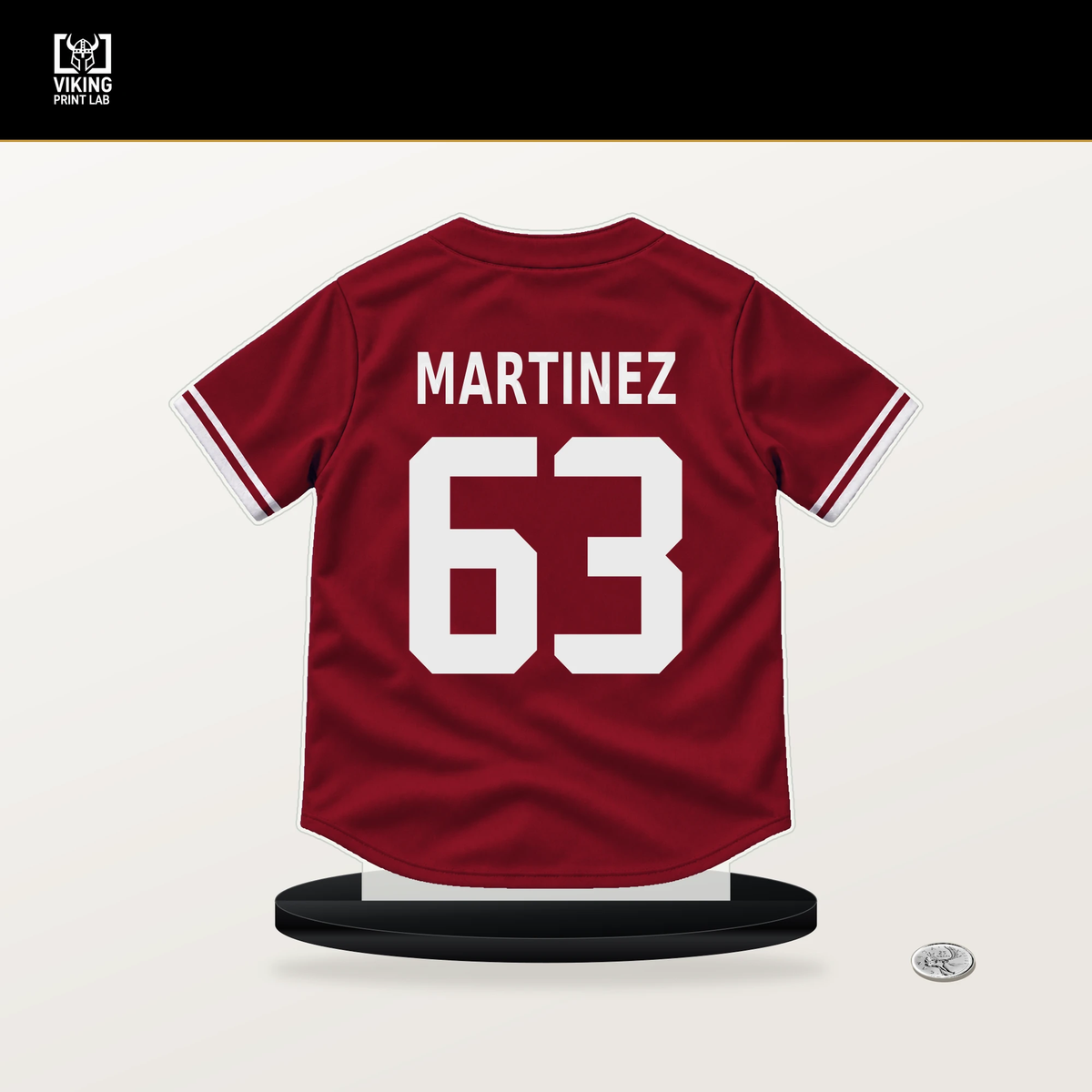 Justin Martinez number 63 Arizona Diamondbacks jersey stand with included black base.