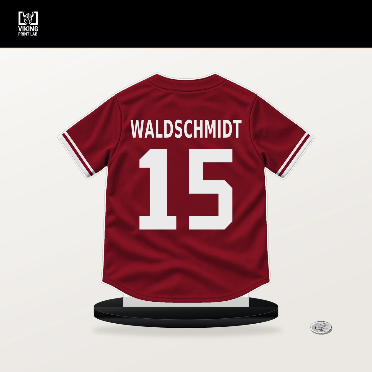 Ryan Waldschmidt number 15 Arizona Diamondbacks jersey stand with included black base.