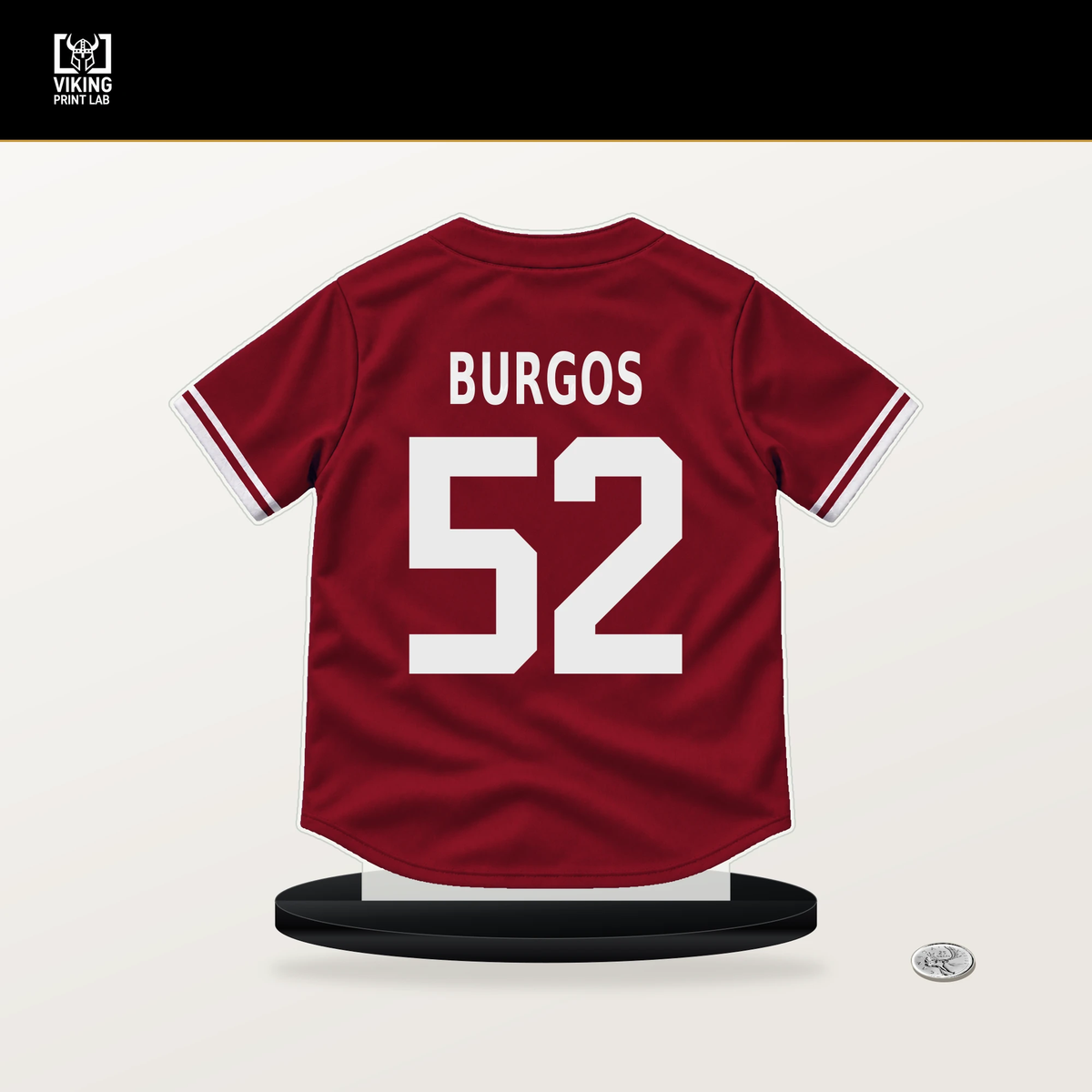 Juan Burgos number 52 Arizona Diamondbacks jersey stand with included black base.