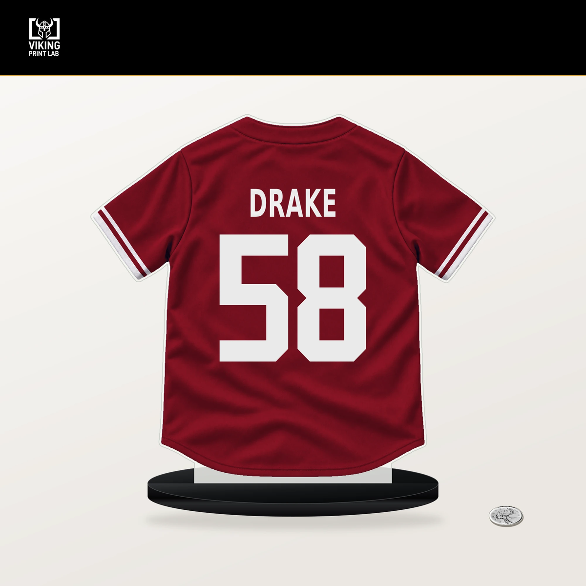 Kohl Drake number 58 Arizona Diamondbacks jersey stand with included black base.