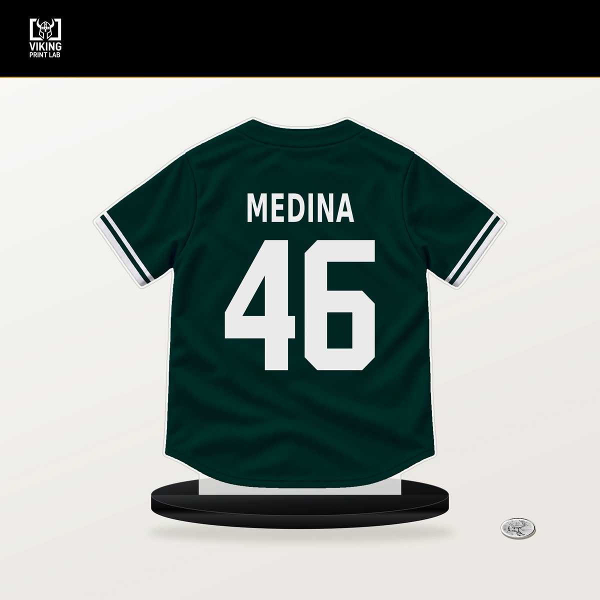 Luis Medina number 46 Athletics jersey stand with included black base.