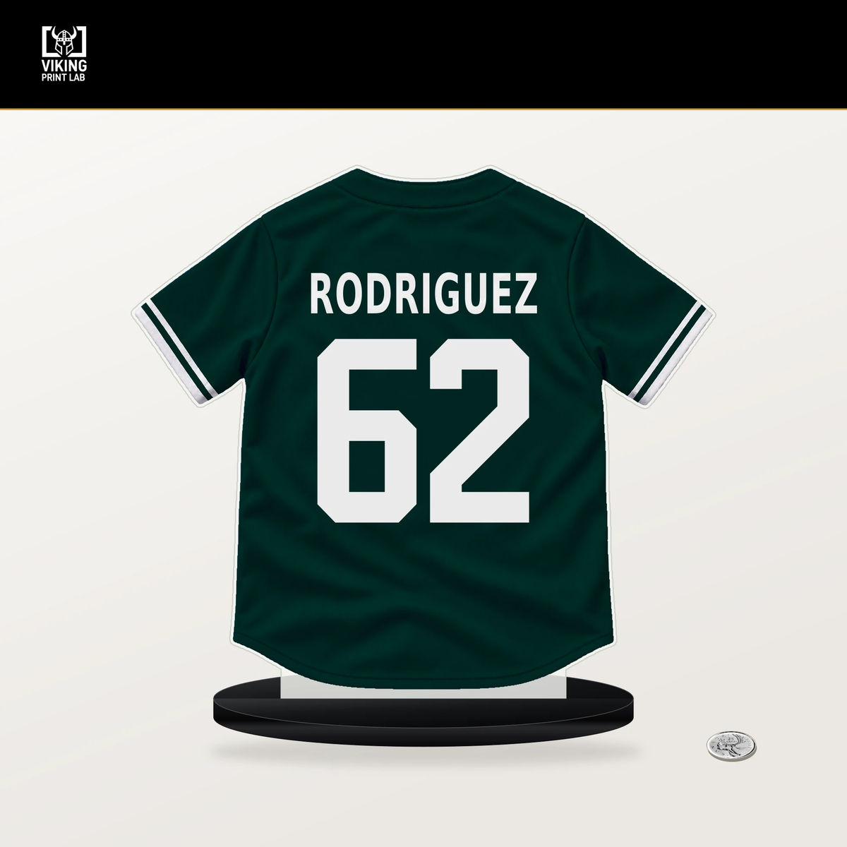 Johnathan Rodriguez number 62 Athletics jersey stand with included black base.