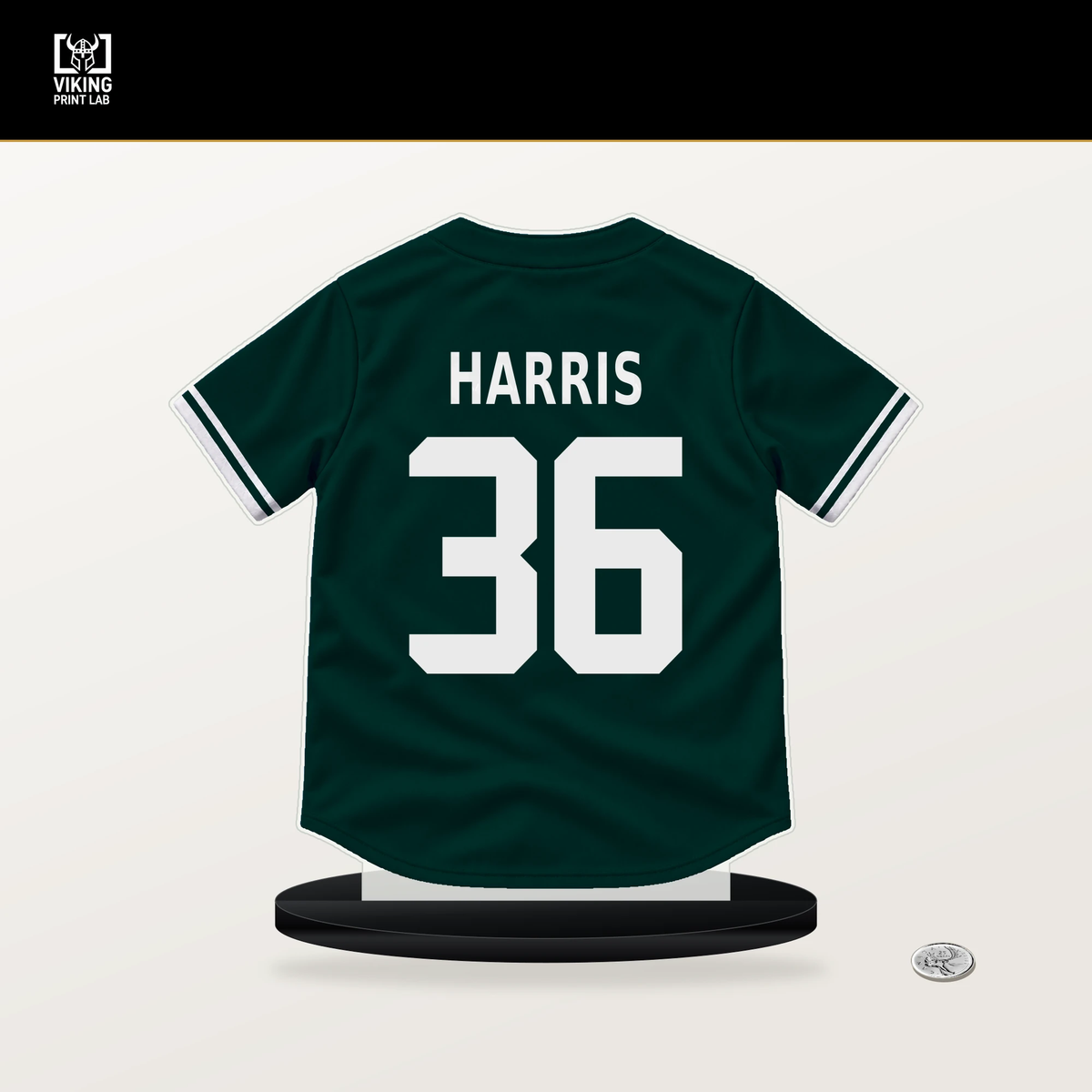 Hogan Harris number 36 Athletics jersey stand with included black base.