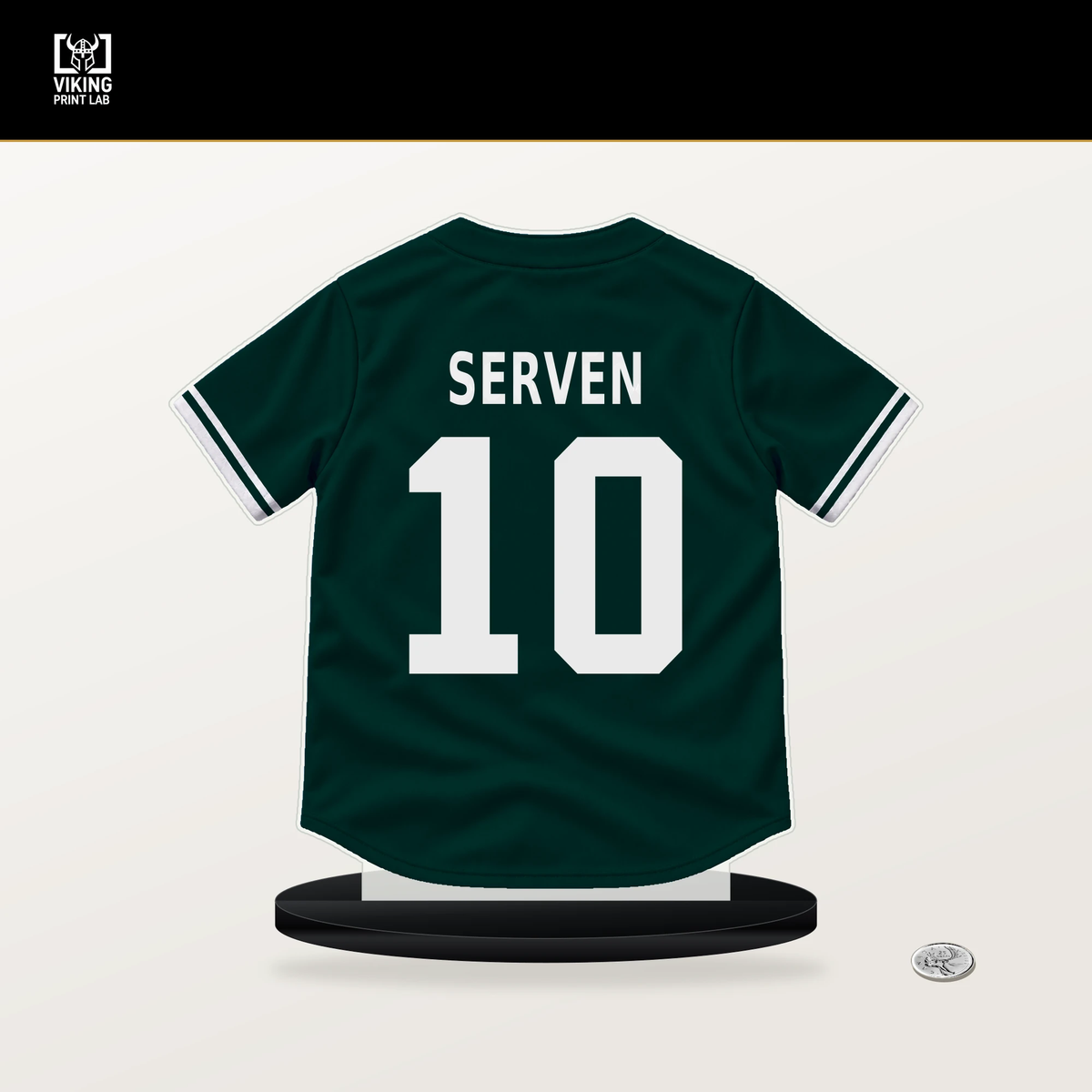 Brian Serven number 10 Athletics jersey stand with included black base.