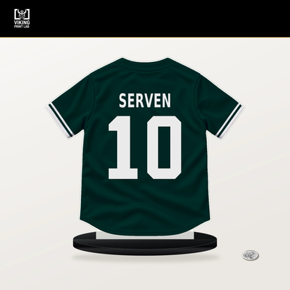 Brian Serven number 10 Athletics jersey stand with included black base.