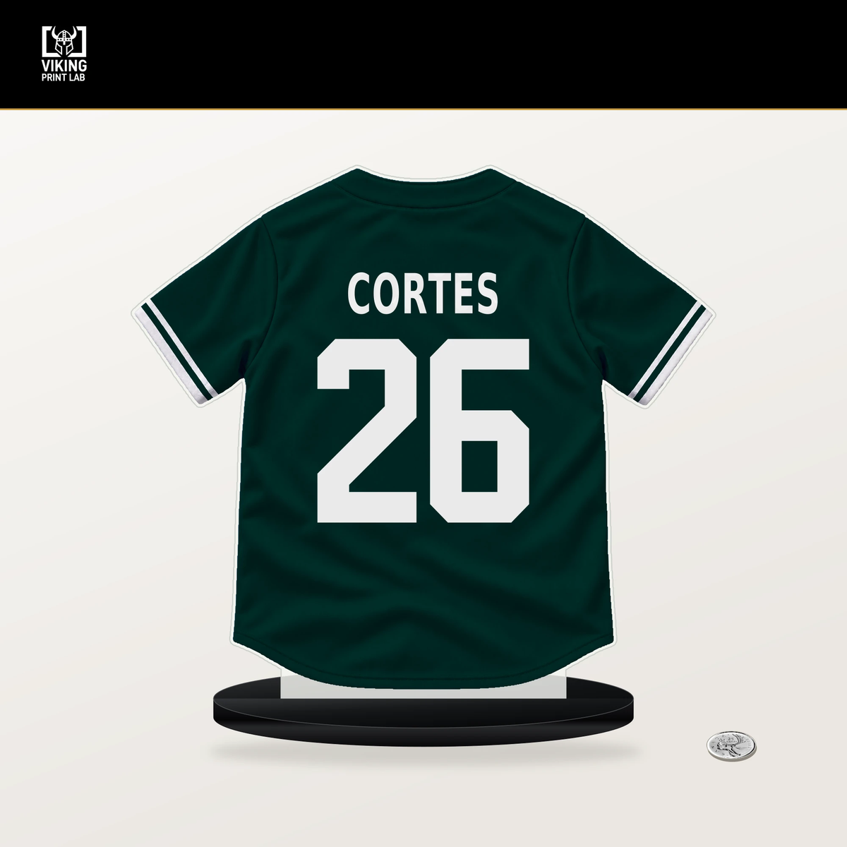 Carlos Cortes number 26 Athletics jersey stand with included black base.