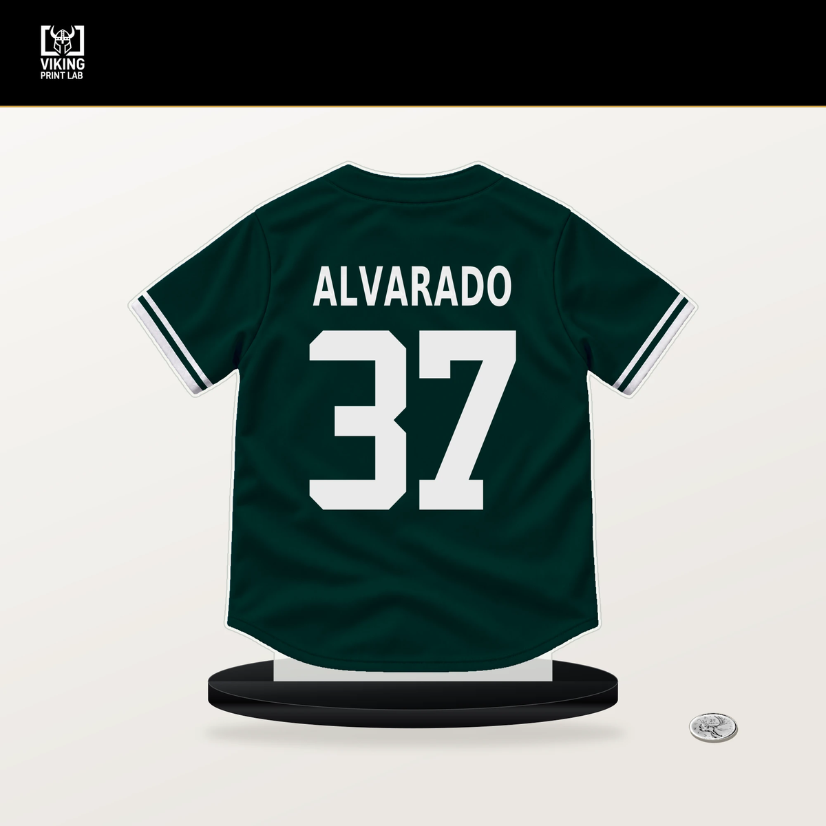 Elvis Alvarado number 37 Athletics jersey stand with included black base.