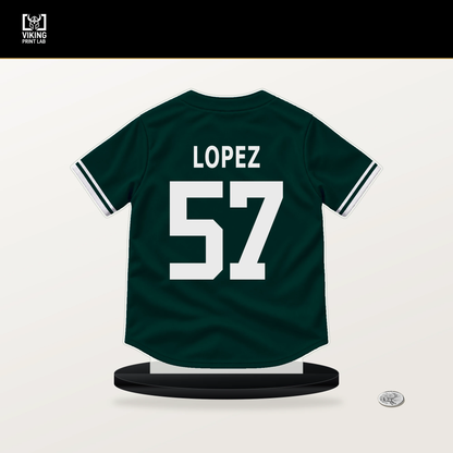 Jacob Lopez number 57 Athletics jersey stand with included black base.