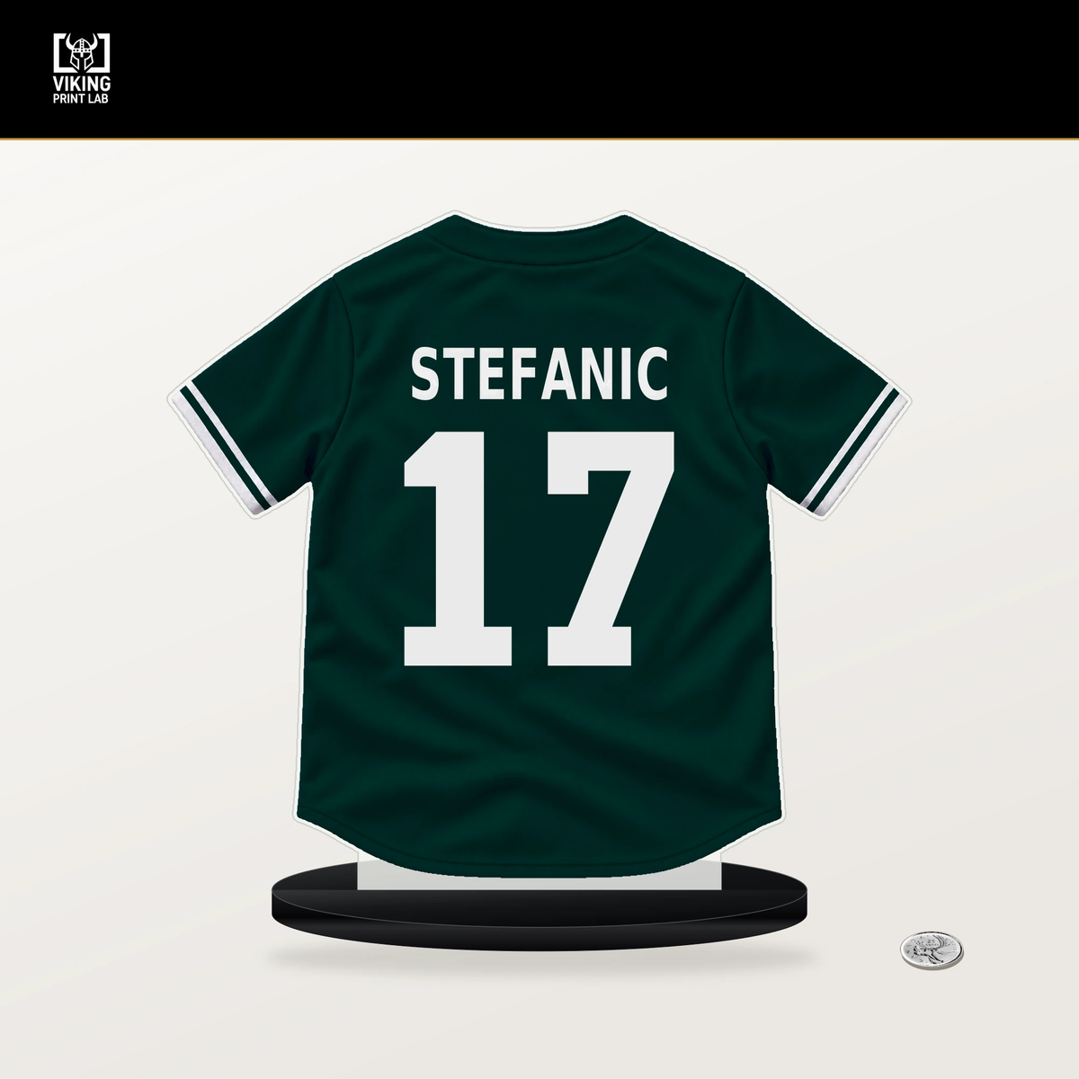 Michael Stefanic number 17 Athletics jersey stand with included black base.