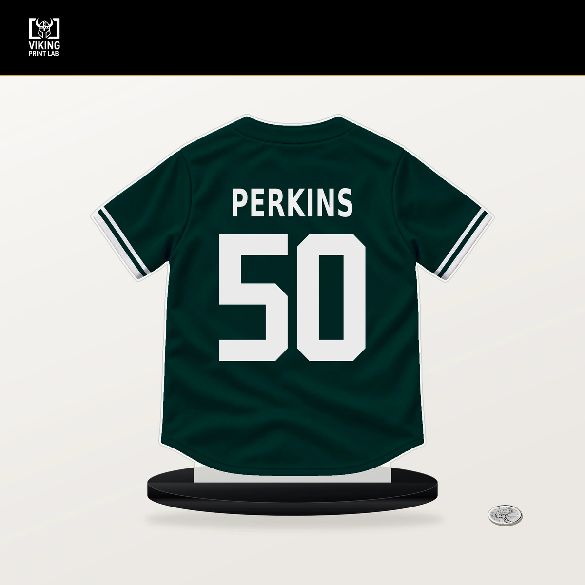 Jack Perkins number 50 Athletics jersey stand with included black base.