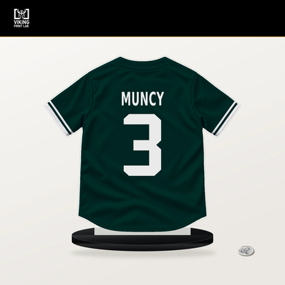 Max Muncy number 3 Athletics jersey stand with included black base.