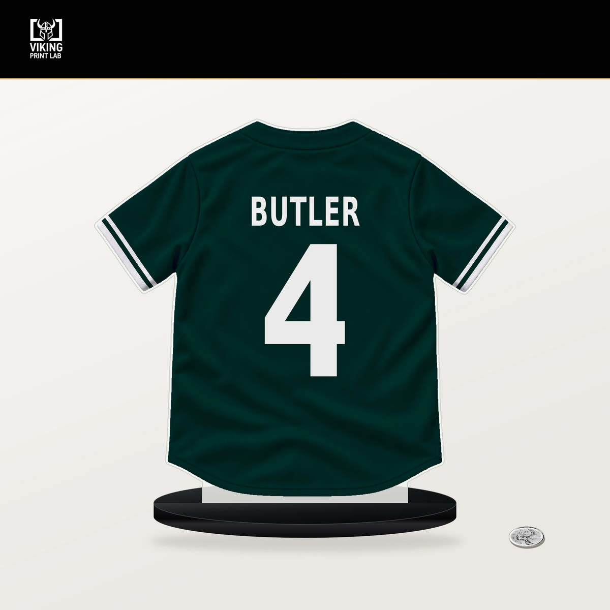 Lawrence Butler number 4 Athletics jersey stand with included black base.