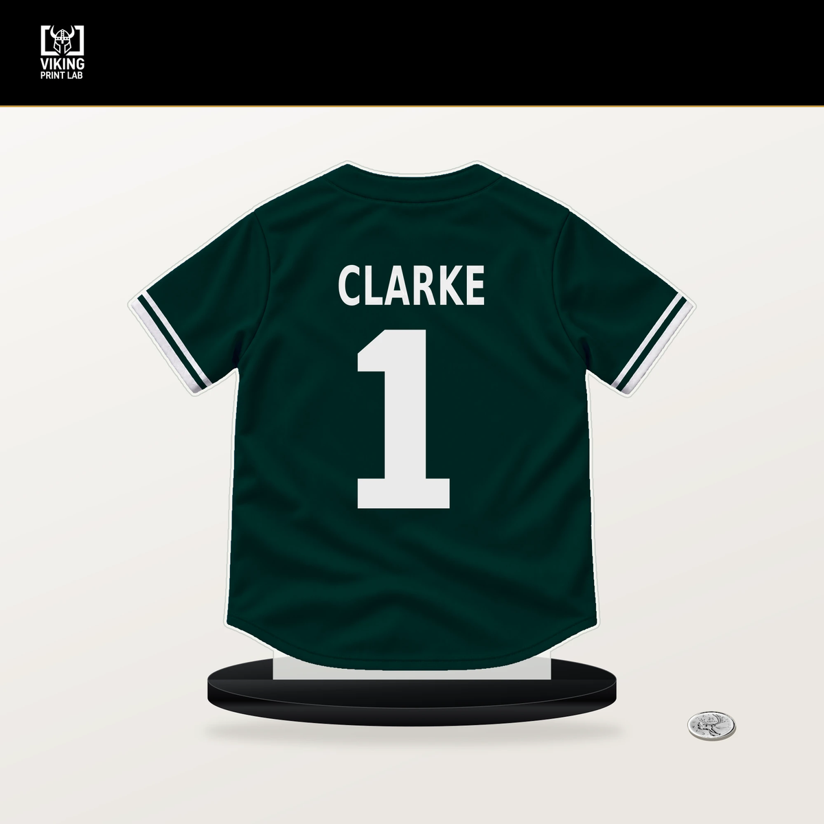 Denzel Clarke number 1 Athletics jersey stand with included black base.